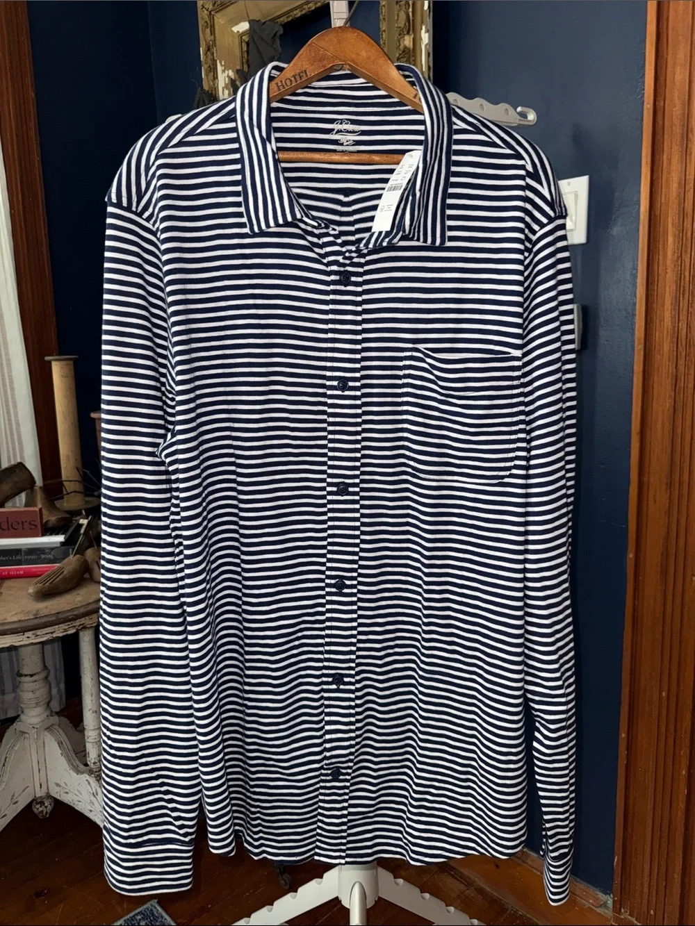 J. Crew Navy and White Striped Men's Button-Down Shirt